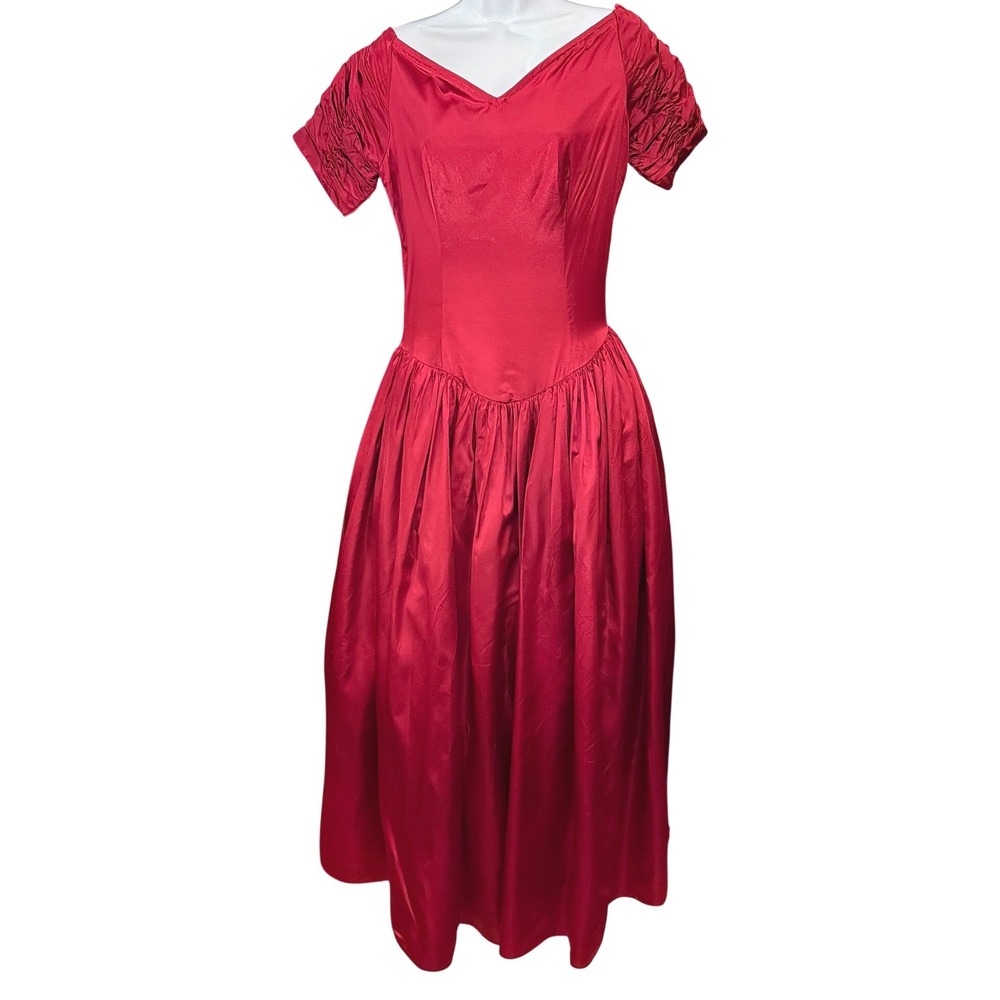 Vintage Christmas Holiday Red Satin Midi Dress Prom Party Retro Glam Pinup